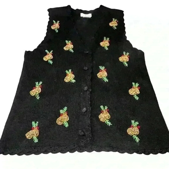 VTG Ugly Cute Christmas Sweater Vest Beaded silver gold bells V neck button PM - Picture 2 of 5